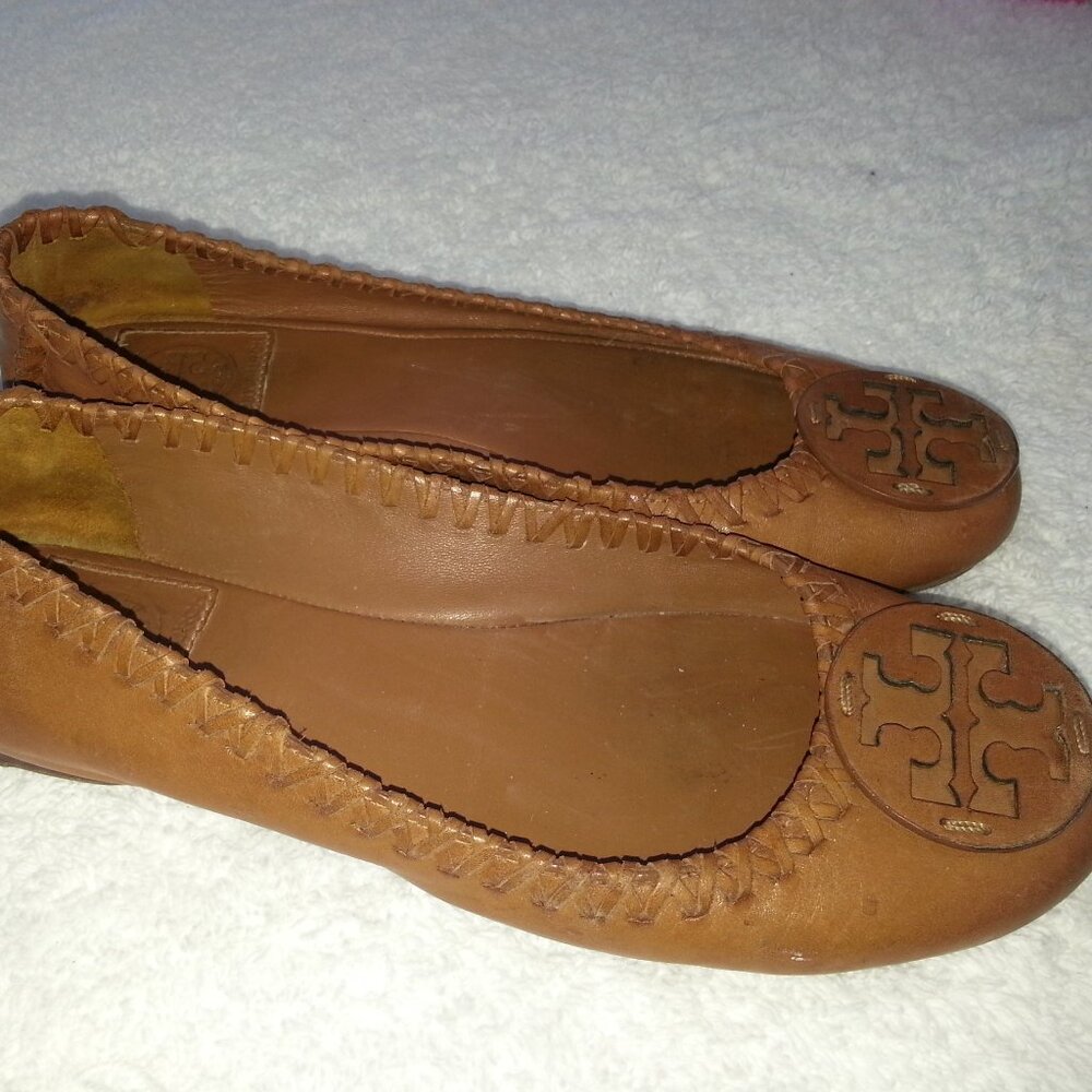 Brown Leather Tory Burch Ballet Flats Well Worn